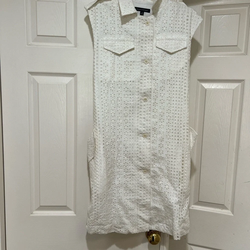 Banana Republic Ivory Eyelet belt short sleeve cotton Shirtdress pocket‎ 6 NWNT - Picture 4 of 12
